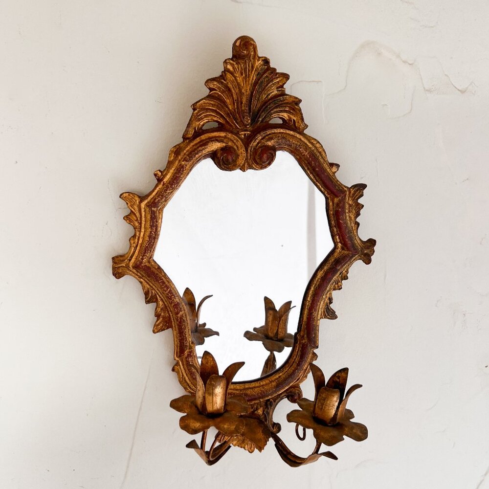 Antique Gold Wood Baroque Rococo Fleur De Lis Mirror Wall Hanging Candelabra